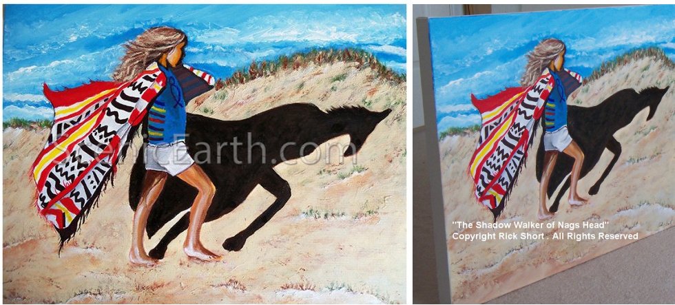 The Shadow Walker of Nags Head - A painting of a young blonde haired girl walking along the sand dunes of Nags Head seeing her shadow as a horse reflecting her dreams of her best friend, a Nag named Shadow